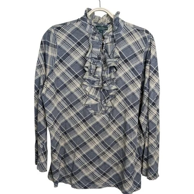 Ralph Lauren LRL Plaid Ruffle Neck Top 1X Cotton Long Sleeve Classic Preppy - Image 1 of 4