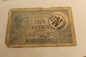 FRANCE GERMAN OCCUPATION NOTE 10 FRANCS OVERPRINT 1939 WW2 REISSE - Picture 1 of 2