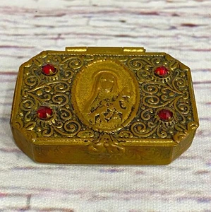 Antique Mother Mary Metal Rosary / Pill Box Red Crystals Flower Swirl Brass - Picture 1 of 6