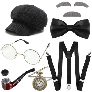 1920s Grandpa Gangster Accessories Set Old Man Costume Beret Hat Glasses Costume