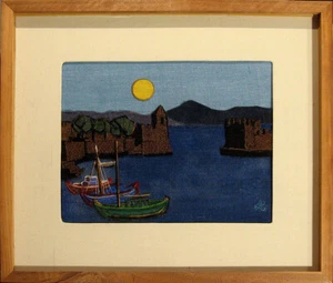 Lilly Kristensen LITTLE HARBOR, NAIPAKTOS Original Wool Collage Art, Greece OBO! - Picture 1 of 3