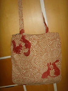 BEIGE TAN RABBIT SQUIRREL EMBROIDERED LINEN 15in Tote bag MAGNETIC LINED - Picture 1 of 3