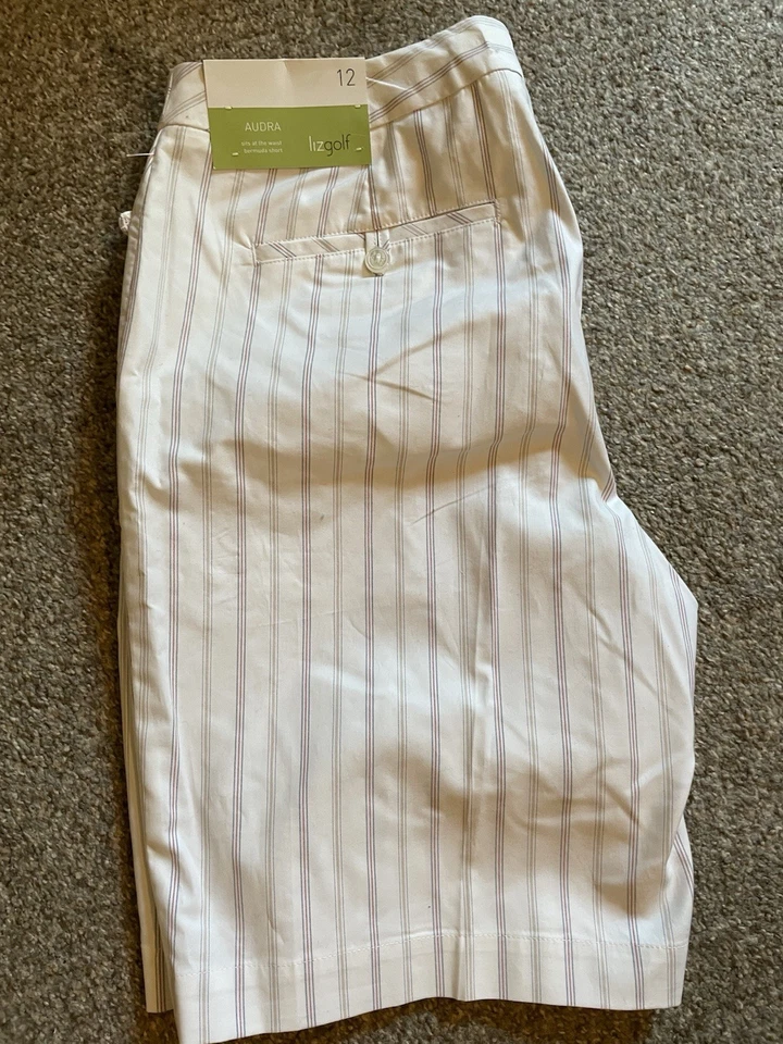 Nuevo Liz Golf Bermudas Pantalones Cortos Talla 12 Audra Blanco con Rayas Algodón Elástico Largo Foto 1 de 4
