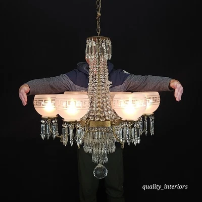 Antigua araña de gasola maciza de 35 pulgadas de ancho x 35 pulgadas de alto globos con llave griega Foto 1 de 4