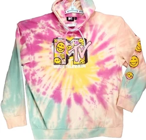 MTV Smiley Faced Tie Dye Hoodie L Pastel Y2K Retro Graphic Pullover Sweatshirt - Picture 1 of 13