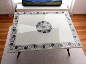 48" White Marble Table with Lapis Lazuli Gemstone Inlay Handmade Pietra Dura Art - Picture 1 of 9