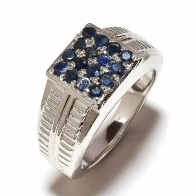 Natural Blue Sapphire Gemstone with 925 Sterling Silver Ring For Men's - Image 1 of 4