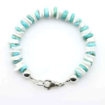 Arizona Turquoise & 10mm White Heishi Wafer Seashell Modern Bohemian Bracelet - Image 1 of 4