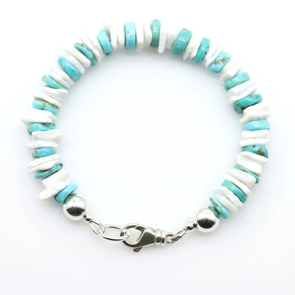 Arizona Turquoise & 10mm White Heishi Wafer Seashell Modern Bohemian Bracelet - Image 1 of 4