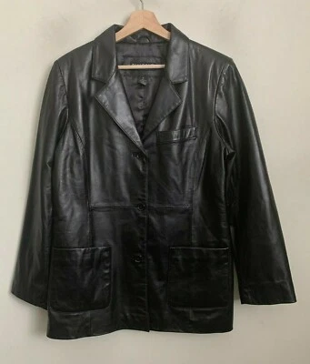 Dialogue Womens Jacket Black Leather Collared Buttons Pockets Lined Size M NEW - Image 1 of 4