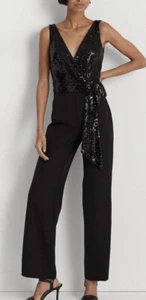 Lauren Ralph Lauren Women’s Sz 2 Sequin Bodice Tie Front Wide Leg Jumpsuit Black - Picture 1 of 6