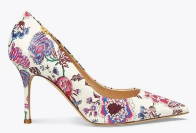 $378 NEW Tory Burch PENELOPE 85 PRINTED PUMPS Happy Times Floral White Heels 10 - Image 1 of 4