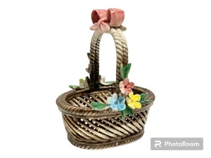 Capodimonte Small Porcelain Basket Bow And Flowers Brown Hand Painted 4” - Picture 1 of 8