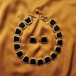Vintage 1990s Anne Klein Gold Tone with Black Enamel Choker Necklace & Earrings - Picture 1 of 8