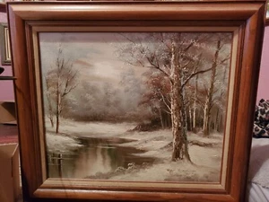 Pintura al óleo original de colección Roger marrón escena de invierno firmada 26,5"" x 30,5"" rara - Imagen 1 de 7