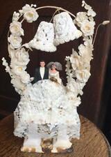 Antique Deco Bride & Groom Wedding Topper Sugar Sculpture Bells Flowers Stand