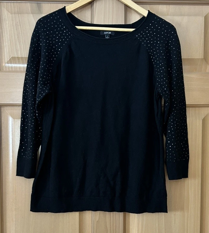 Apt. 9 Pullover Para Mujer Grande Negro 3/4 Raglán Slv Acento Brillante Cuello Redondo  Foto 1 de 4