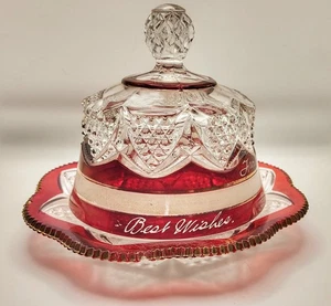 Antique EAPG Ruby Stain Flash Covered Butter Dish Starburst "To Mother" c. 1905 - Picture 1 of 12