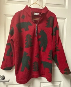 Sigrid Olsen Sport Red/Black Fleece Bear Pine Print Polyester Jacket SZ M - Picture 1 of 3