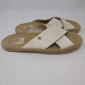 Tory Burch White Leather Sandal Two-Band Espadrille Woven Slide Size 8 - Picture 1 of 8