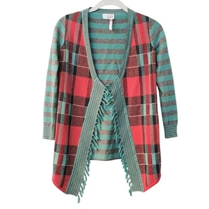 Girl's 435 By Matilda Jane Plaid Open Front Fringe Cardigan Size 8 - Teal, Coral - Picture 1 of 9