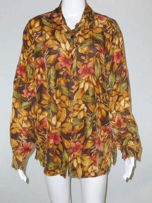 Camisa Blusa Vintage Informal Esquina 100% Seda Abotonada Floral Marrón Grande Foto 1 de 4