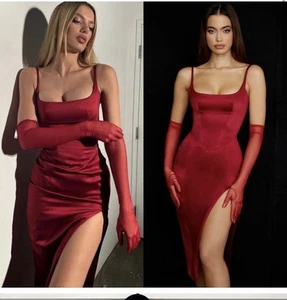 Sz S HOUSE OF CB Casimira Wine Red Satin Corset Midi Dress - Picture 1 of 4