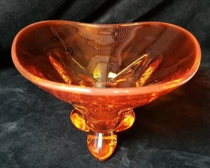 Vintage Viking Art Glass Bowl 3 Footed Pedestal Base, Amber Orange Interior Pit - Picture 1 of 8