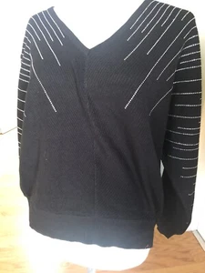 TAHARI Women's Black Long Sleeve Pullover Knit Sweater Adorned With Rhinestones - Picture 1 of 5