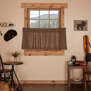 Prescott Plaid Tier Set 24" Long Cotton Country Farmhouse VHC Brands Brown Tan - Picture 1 of 6