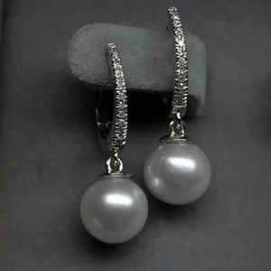 Women's Silver Fresh Water Pearl Dangle Earring In Genuine Diamonds Gold Plated - Picture 1 of 7