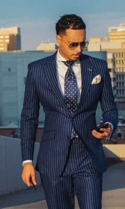 Men's Suit Navy Blue Striped Formal Business Slim Fit Prom Groom Tuxedo Wedding - Picture 1 of 8