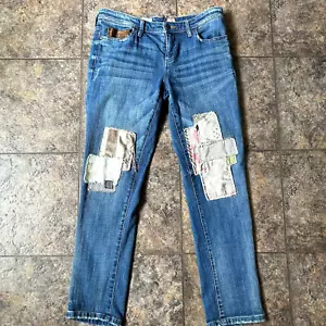 Pantalones de mezclilla para mujer Pilcro Hyphen talla 28 bordados retazos algodón elástico - Imagen 1 de 7