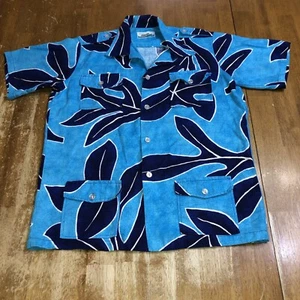Vintage Penneys Hawaii Shirt Small Button Blue Short Sleeve Barkcloth 4 Pocket - Picture 1 of 10