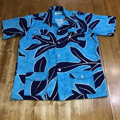 Vintage Penneys Hawaii Shirt Small Button Blue Short Sleeve Barkcloth 4 Pocket - Image 1 of 4