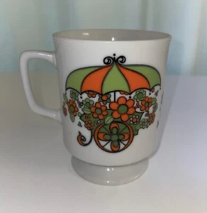 Vintage Flowercart Footed Pedestal Coffee Mug Cup Floral Avacado/Orange Retro - Picture 1 of 3