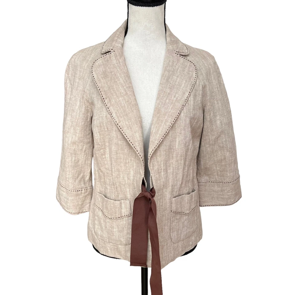 Willi Smith Women's Beige Brown Blazer Linen Blend Jacket Ribbon Drawstring Sz 6 - Image 1 of 4