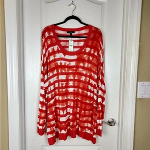 NWT Lane Bryant Womens Red Orange Stripe Semi Sheer Knit Pullover Blouse 26/28 - Picture 1 of 10
