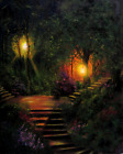 Peinture acrylique originale « marches de jardin » arbres forestiers parcs lumières fleurs 16x20