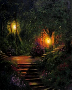 Acrylic Painting Original "Garden Steps" Forest Trees Park Lights Flowers 16x20 - Picture 1 of 5