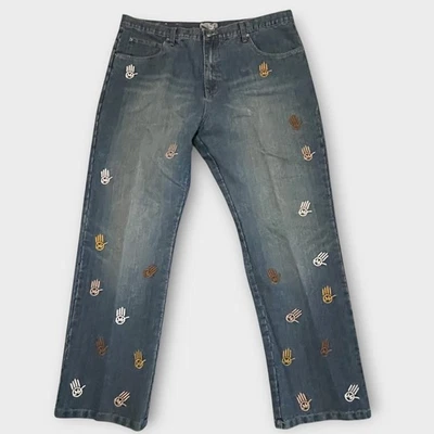 Miskeen Jeans Mens Size 40 Embroidered Smiley Hand Y2K Denim Jeans Pants Blue - Image 1 of 4