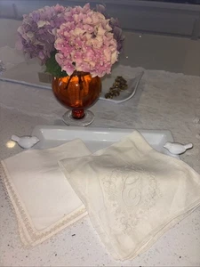 2 Vintage Linen Floral Wedding Handkerchief Embroidered, Monogram C - Picture 1 of 4