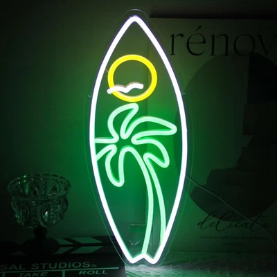 Tabla de surf letrero de neón palmera gaviota sol luces de neón para dormitorio surf LED... Foto 1 de 4