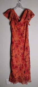 Coldwater Creek Coral Pink Orange Floral Beaded Flutter Sleeve Silk Dress 8P - Picture 1 of 3