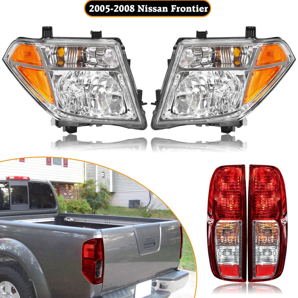 Juego de 4 piezas para faros cromados Nissan Frontier 2005-2008 + luces traseras rojas L&R Foto 1 de 4