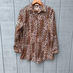 y2k Chico's No Iron Button Down Cheetah Tunic sz M Brown Black Office Siren Mob - Picture 1 of 8