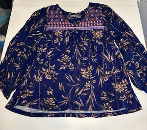 Anthropologie Small Indigo Floral Peasant  Embroidered 3/4 Sleeve Blouse Boho - Picture 1 of 8