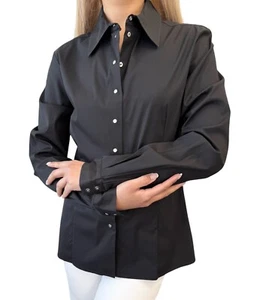 CELINE Vintage Logo Button Up Shirt #40 Blouse Top Black Silver Cotton - Picture 1 of 12