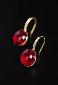 9mm Cabochon Ruby Earrings | 18K Gold Red Gemstone Drop Earrings - Picture 1 of 10