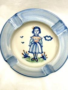 M.A. Hadley Pottery Milkmaid Handpainted Cigar Cigarette Ashtray Blue White Farm - Picture 1 of 12
